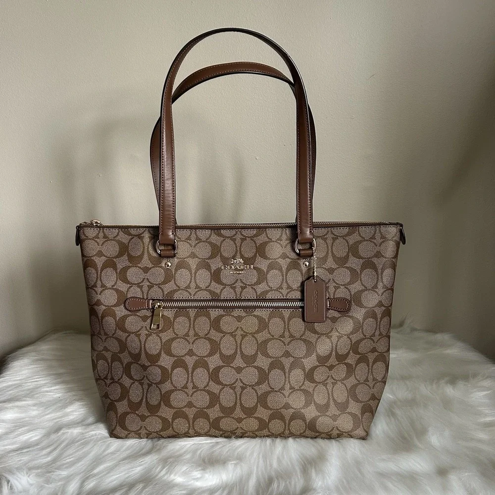 Coach Gallery Tote Khaki Saddle Signature Canvas Leather Shoulder Bag Excellent